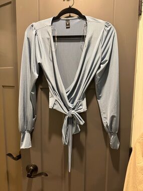 Windsor Powder Blue Wrap Tie Long Sleeve Blouse